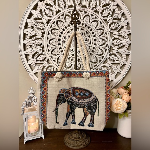 Handbags - Embroidered boho elephant tote